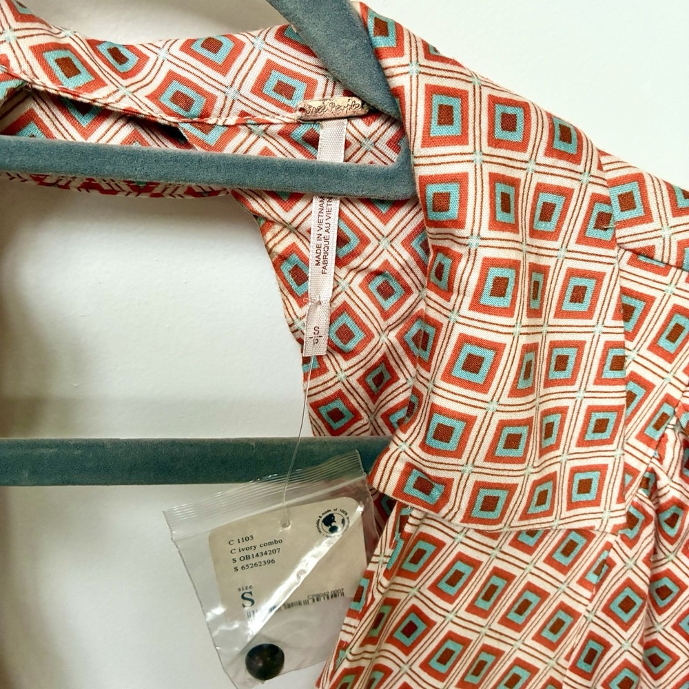 Free People Womens Sz S Ivory Orange Teal Geo Wrap Mini Dress Open Back NWT - Picture 8 of 15